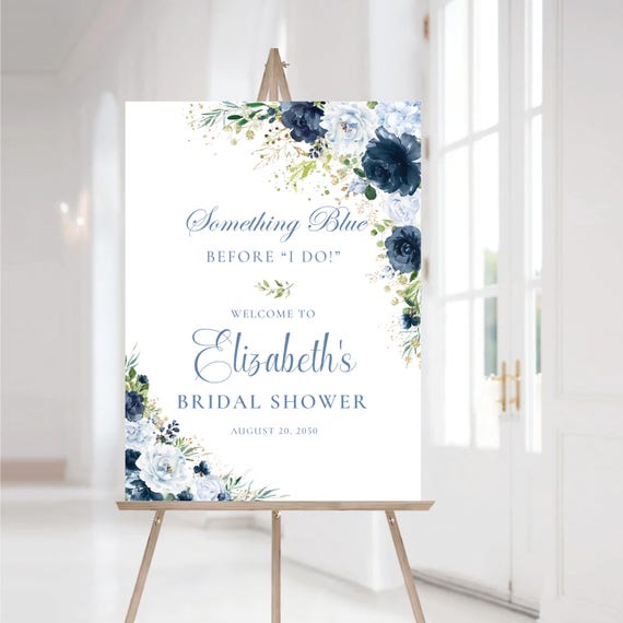 Floral Bridal Shower Welcome Sign: Navy & Light Blue Flowers (Digital File)