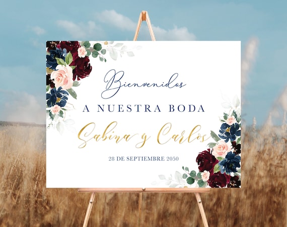 Burgundy and Navy Bienvenidos Sign a Nuestra Boda, Spanish Wedding, Burgundy and Navy Rehearsal Sign, Wedding Decor, Wedding Poster, BDY2