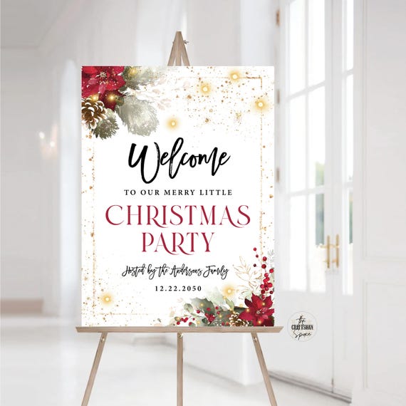 Christmas Party Welcome Sign, Christmas Welcome Poster, Printable Christmas Welcome Sign, Holiday Welcome Sign, Poinsettia and Lights, CRM5