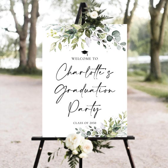 Greenery Graduation Party Welcome Sign, Herbal Grad Party Sign, Botanicals Graduation Decorations, Rustic Graduation Banner, Eucalyptus, HB2