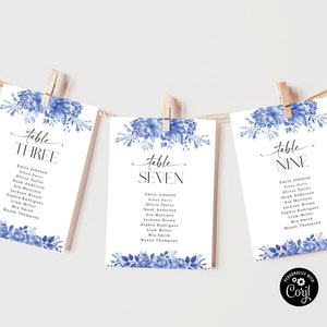 Plantilla de tarjetas de tabla de asientos de boda de porcelana azul, tabla de asientos colgantes, plano de asientos, tabla de asientos de mesa, plantilla de tarjeta de eucalipto, BP3
