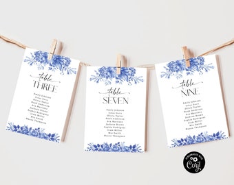 Blue Porcelain Wedding Seating Chart Cards Template, Hanging Seating Board, Seating Plan, Table Seating Chart, Eucalyptus Card template, BP3