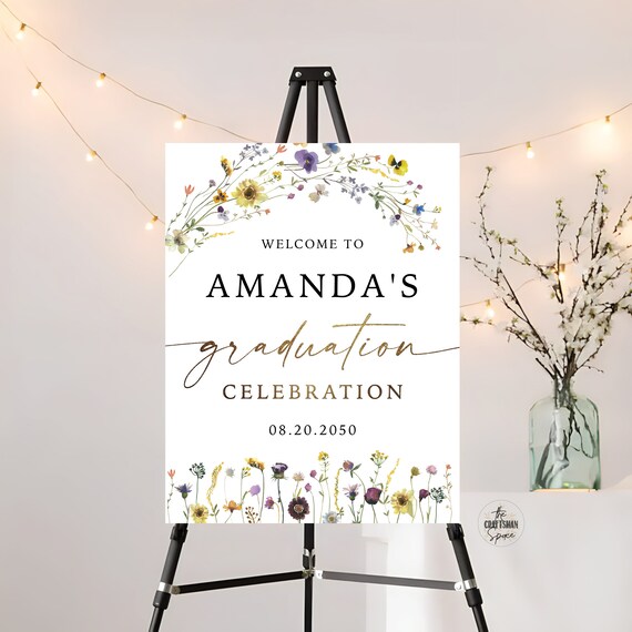 Wildflower Graduation Party Welcome Sign, Digital File Only, Grad Party Sign, Graduation Decorations, Graduation Banner, Wildflower, SFS1