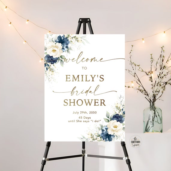 Navy Blue and White Floral Bridal Shower Welcome Sign, Bridal Shower Decoration, Bridal Brunch Welcome Sign, Bridal Tea Sign, Printable, NW1