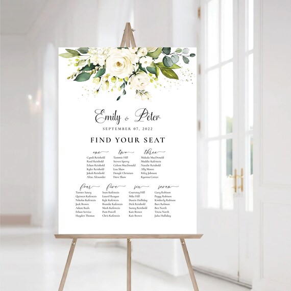 White roses Wedding seating chart, Wedding seating chart alphabetical, Wedding seating chart table, Cream roses Wedding Seating Chart, WR1