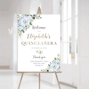Letrero de bienvenida floral azul para quinceañera: Decoración botánica, imprimible (archivo digital, LB5)