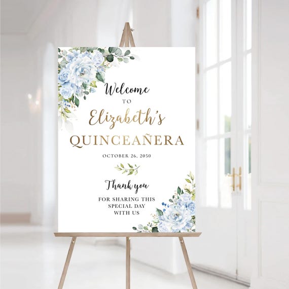 Blue Floral Quinceañera Welcome Sign: Botanical Decor, Printable (Digital File, LB5)