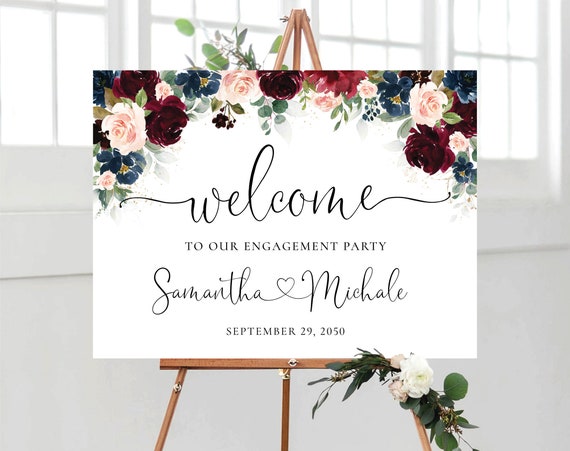 Burgundy and Navy Engagement Party Welcome Sign, We are engaged Sign, Engagement Party Sign, Engagement Sign, Burgundy and Navy, BDY1