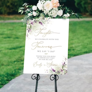 Cartel de bienvenida de la cena de ensayo de color púrpura verde, la noche anterior, signo de ensayo de boda de lavanda verde lavanda, signo de boda lila, GPU