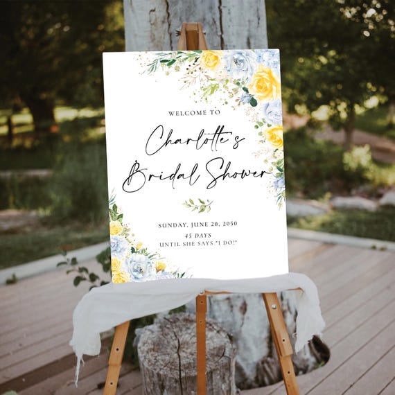 Blue Yellow Floral Bridal Shower Welcome Sign Template, Printable Modern Wedding Shower Decoration, Boho Floral Editable Bridal Brunch Sign