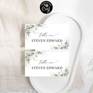 Cartão de nome de mesa de vegetação, cartões de lugar de casamento, folhas verdes de aquarela de eucalipto, planas e dobradas em tenda, ervas, para impressão, Corjl, HB3