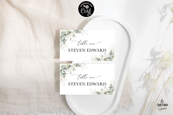 Greenery Table Name Card, Wedding Place Cards, Eucalyptus Watercolor Greenery Leaves, Flat and Tentfolded, Herbal, Printable, Corjl, HB3