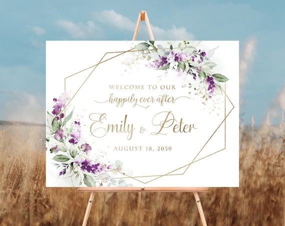 Sunny Floral Wedding Welcome Sign, Blush pink Roses Wedding Ceremony Sign, Lilac Floral Wedding signs, Wedding Decorations, Poster, GPU