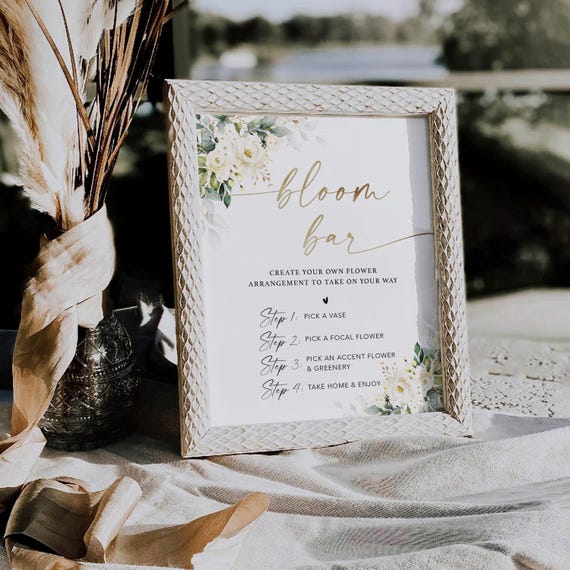 Flower Bar Sign, White roses Bloom Bar Sign, Bridal Shower Editable Sign, Love in Bloom Baby in Bloom, Boho Table Sign Printable Template