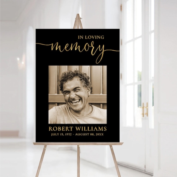 Black and Gold Funeral Welcome Sign, In Loving Memory Poster, Memorial Photo (Digital Printable)