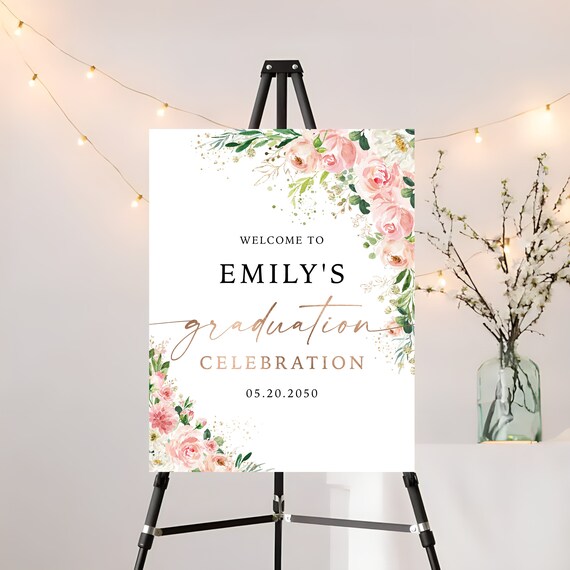 Ethereal Blush Graduation Party Welcome Sign, Digital File, Grad Party Sign, Graduation Decorations, Graduation Banner, Blush Pink Roses,EB1