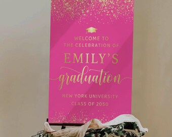 Modern Graduation Welcome Sign, Pink & Gold Glitter, Minimalist Grad Party Poster (Digital Printable)