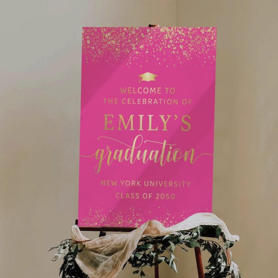 Modern Graduation Welcome Sign, Pink & Gold Glitter, Minimalist Grad Party Poster (Digital Printable)
