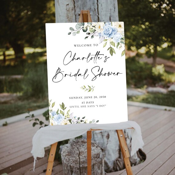 PRINTED OR DIGITAL Blue White Floral Bridal Shower Welcome Sign, Foam Board, Poster, Eucalyptus, Greenery Wedding Shower Decor, Herbal, BW2