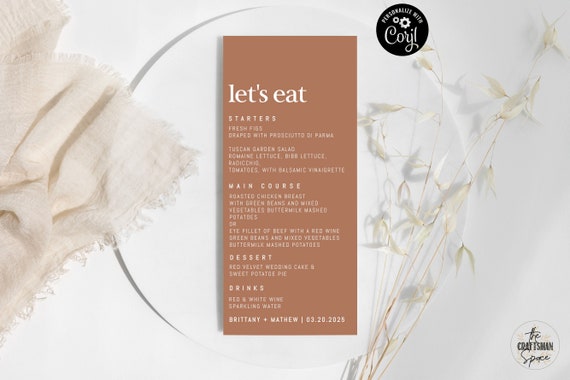 Terracotta wedding Menu Template, Modern Wedding Menu, Minimal Wedding, Wedding Table Decor, Editable, Corjl, T1