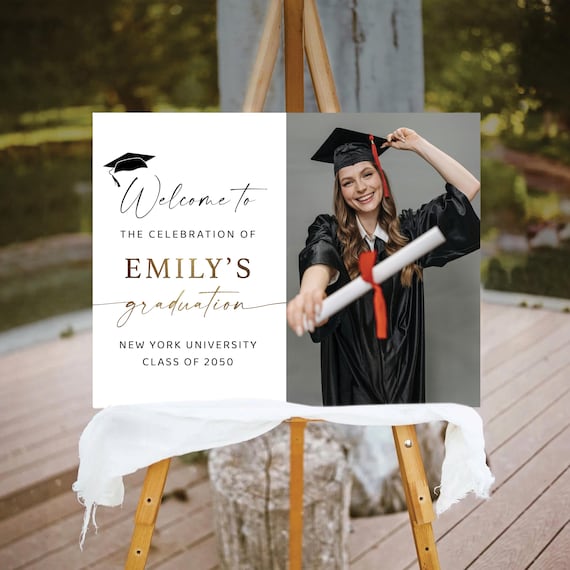 Graduation with photo Welcome Sign, Photo Graduation Poster, Gold Glitter, Graduation Decorations, Graduation Party Poster, Grad Party Sign