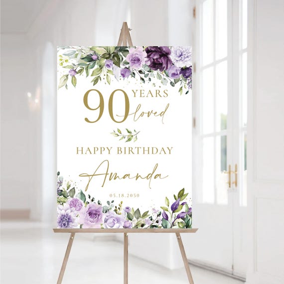 Purple Floral 90th Birthday Welcome Sign: Elegant Botanical Party Decor (Printed or Digital File)