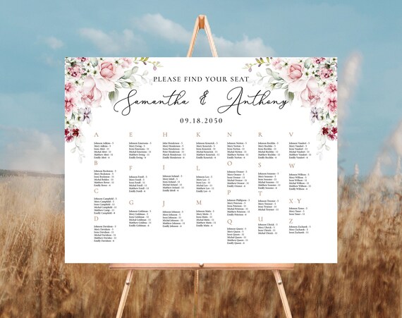 Blush pink roses Wedding seating chart, Wedding seating chart alphabetical, Wedding seating chart table, Blush Wedding Seating Chart, A1