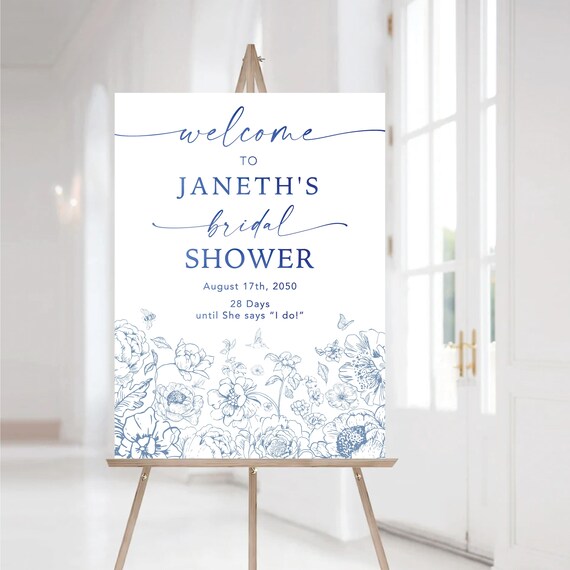 Floral Chinoiserie Bridal Shower Welcome Sign, Blue Porcelain Bridal Brunch Sign, Vintage Wedding Shower Decoration, Blue Toile de Jouy, BC1
