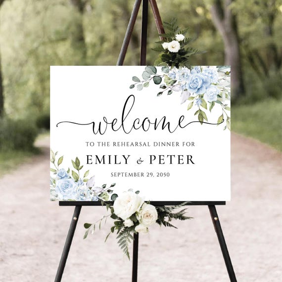 Dusty Blue Floral The night before Welcome Sign, Botanicals Wedding Rehearsal Dinner Decor, Modern Wedding Poster, Eucalyptus, Herbal, LB3