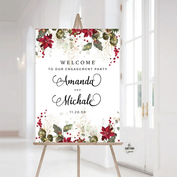 Christmas Engagement Party Welcome Sign, Engagement Party Sign, We are Engaged Sign, Holiday Welcome Sign, Poinsettia and Lights, CRM1
