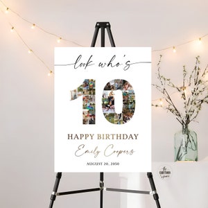 Plantilla personalizada para letrero de décimo cumpleaños, póster de regalo de décimo cumpleaños, regalos de cumpleaños para pareja, collage de fotos, collage de fotos del número 10