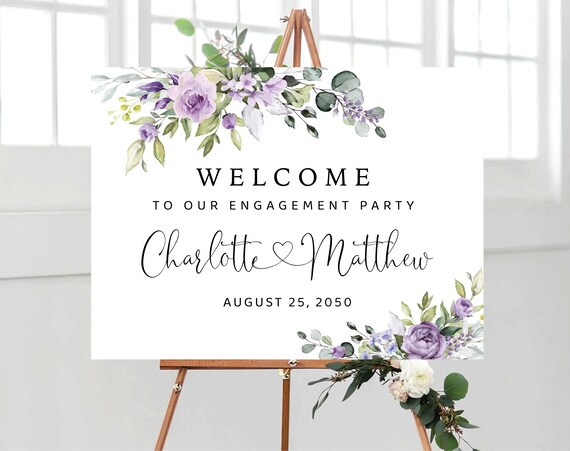 Purple Floral Engagement Party Welcome Sign, Violet Flowers and Greenery (Digital Printable)
