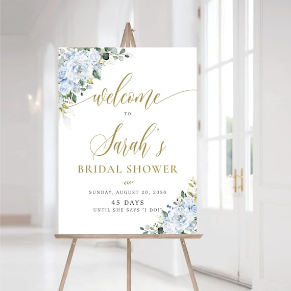 Light Blue Floral Bridal Shower Welcome Sign, Greenery, Botanical Wedding (Printed or Digital File)