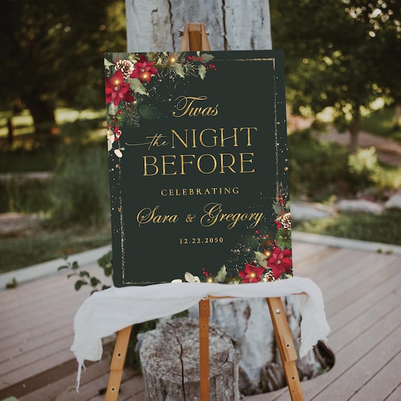 Christmas Twas The Night Before Welcome Sign, Red Poinsettia & Lights, Winter Wedding Poster (Digital Printable)