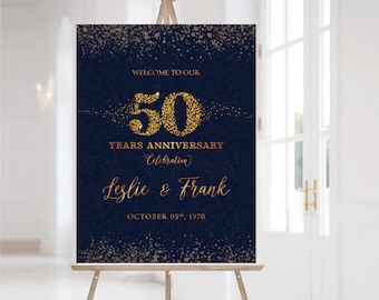 Navy blue Anniversary sign, 50th anniversary sign, Anniversary Sign Printable, 50th Anniversary decoration, 50th anniversary poster, Gold