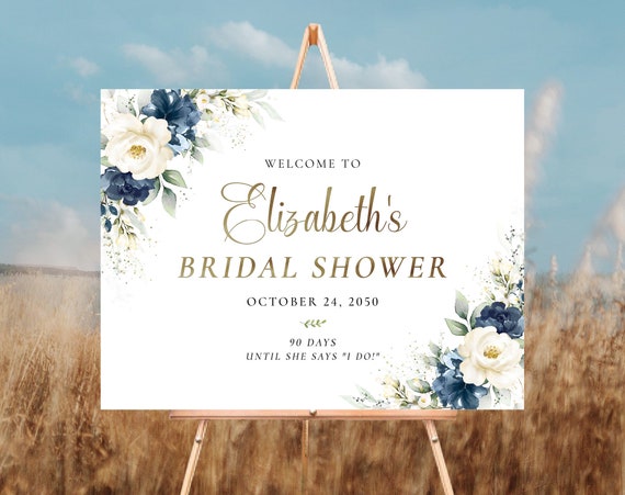 Navy Blue and White Floral Bridal Shower Welcome Sign, Bridal Shower Decoration, Bridal Brunch Welcome Sign, Bridal Tea Sign, Printable, NW1