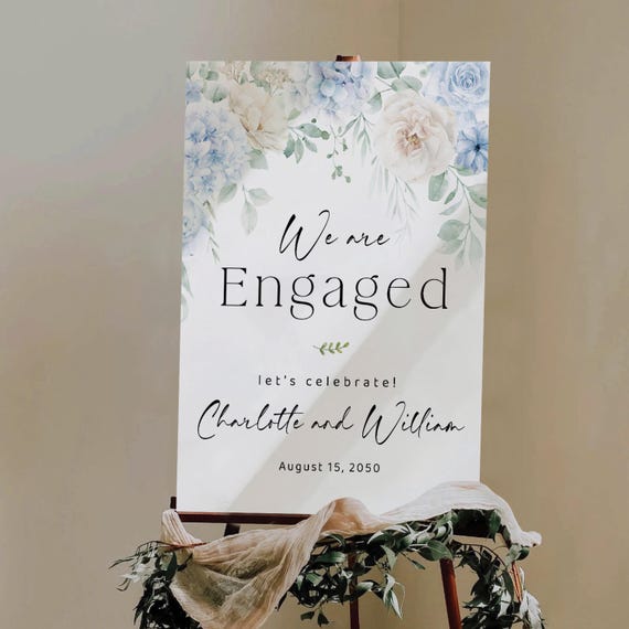 Dusty Blue Greenery Engagement Party Welcome Sign, Botanicals Wedding Rehearsal Decorations, Minimalist We are Engaged Sign, Eucalyptus, DB2