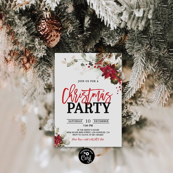 Christmas Party Invitation Template, Annual Holiday Party, Holiday Party Invitation, Poinsettia and Lights, Red Poinsettia, CRM2