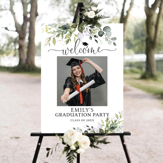 PRINTED OR DIGITAL Greenery Photo Graduation Party Welcome Sign, Grad Party Foam Board or Poster, Faux Gold, Eucalyptus, Grad Decoration,HB2