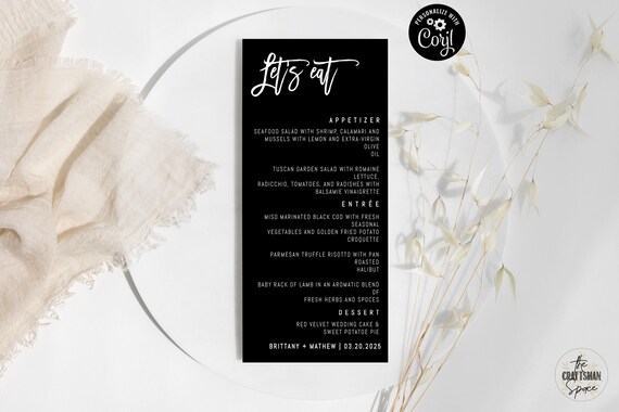Black wedding Menu Template, Modern Wedding Menu, Minimal Wedding, Wedding Table Decor, Editable, Corjl