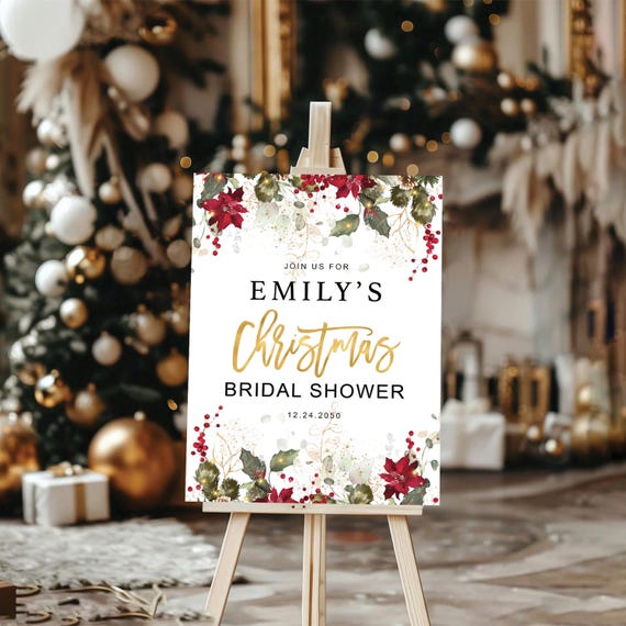 Winter Bridal Shower Welcome Sign, Christmas Bridal Shower Sign, Christmas Wedding Sign, Holiday Welcome Sign, Poinsettia and Lights, CRM1