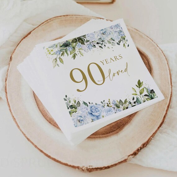 Floral Birthday Cocktail Napkins, Light Blue Flowers and Greenery (Printed or Digital File)