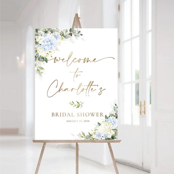 Blue & White Hydrangea Bridal Shower Welcome Sign, Greenery Wedding Shower Decorations, Botanicals Couples Shower Sign, Eucalyptus, BW1