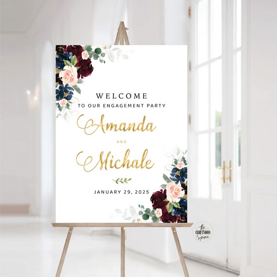 Burgundy and Navy Engagement Party Welcome Sign, We are engaged Sign, Engagement Party Sign, Engagement Sign, Burgundy and Navy, BDY2