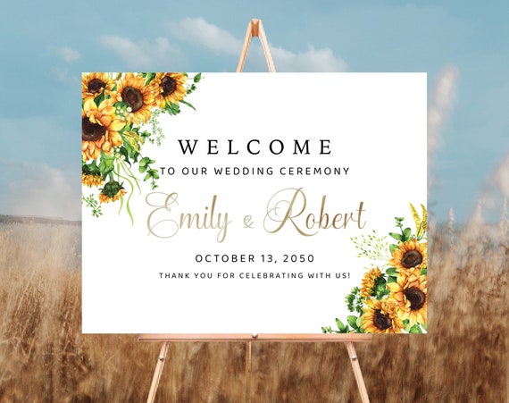 Sunflowers Wedding Ceremony Welcome Sign, Wedding Decorations, Bohemian, Sunflower Wedding Reception, Wedding Poster, Rustic Sunflowers, SF1