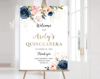 Navy Blush Floral Quinceañera Welcome Sign, Green Leaves (Digital Printable)