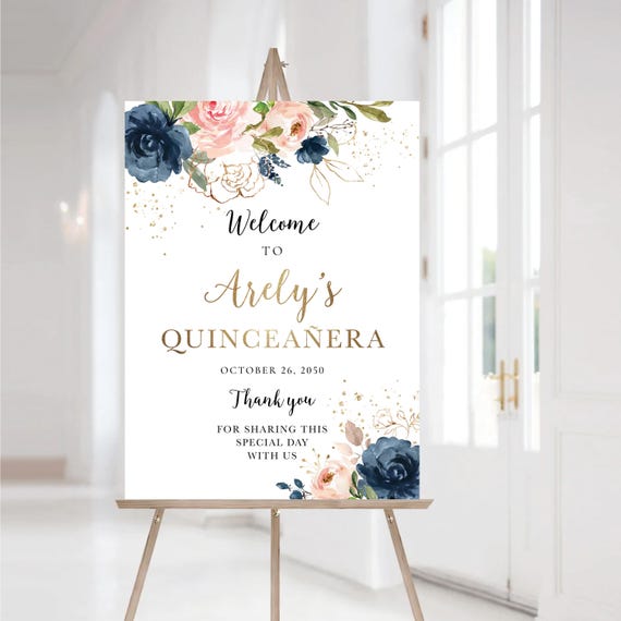Navy Blush Pink Quinceañera Welcome Sign, Quinceanera Decor, Sweet 15 Birthday Sign, Quince Anos sign, Sweet 16 sign, Mis Quince Anos, NB1