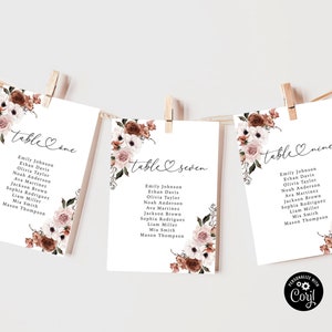 Modèle de cartes de plan de table de mariage floral en soie, planche de siège suspendue, plan de salle imprimable, plan de table, modèle de carte, SFL1