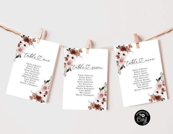 Silk Floral Wedding Seating Chart Cards Template, Hanging Seating Board, Printable Seating Plan, Table Seating Chart, card template, SFL1