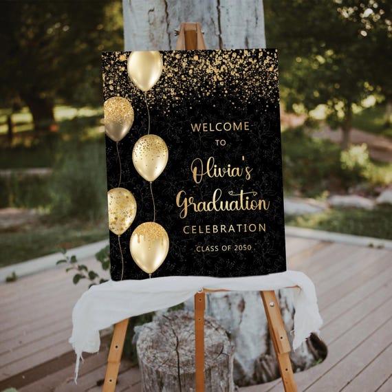 Black Gold Glitter Graduation Party Welcome Sign, Golden Graduation Poster, Modern Graduation with photo Decorations, Rustic Grad Party Sign